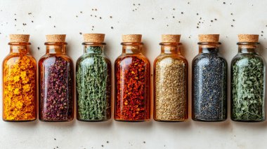 hafif arkaplanda farklı baharatlar ve bitkiler