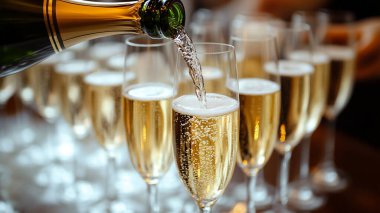 Bulanık arka planda şampanya şişesi ve bardaklar