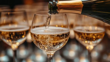 Bulanık arkaplanda şampanya bardakları, yakın çekim.