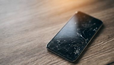 Ahşap bir masada kırılmış bir akıllı telefon.