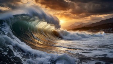 Gün batımında sahilde dalgalar.