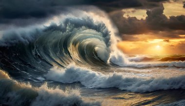 Gün batımında fırtınalı bir gökyüzü dalgası.