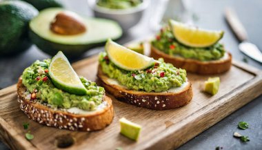 avokado tostu, taze avokado ve avokado..