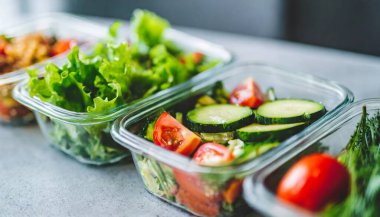 Mutfaktaki plastik kaplarda sağlıklı yiyecekler.