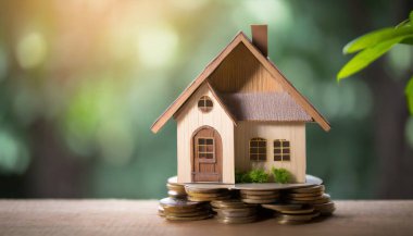 Tahta bir evde ve arka planda madeni paralar. Yatırım ve tasarruf kavramı.