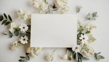 beyaz boş kart ve bej arkaplanda çiçekler.