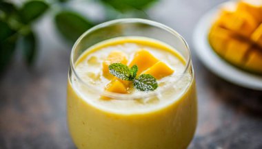 Mango, mango, mango ve naneli sağlıklı mango smoothie.