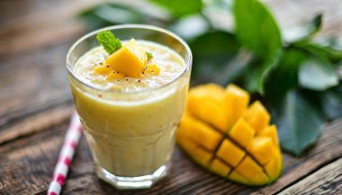 Hindistan cevizli ve ananaslı mango püresi. sağlıklı yaz kahvaltısı.