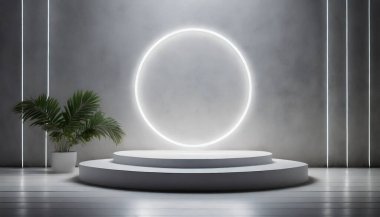 Duvarında yuvarlak çerçeve olan boş beyaz mermer iç tasarım. Ürün sunumun için. 3d illüstrasyon