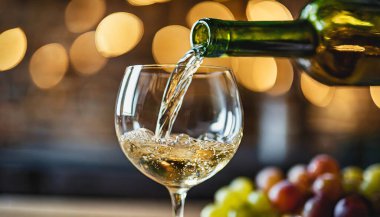 Bulanık arka planda beyaz şarap ve üzümlü cam, bokeh