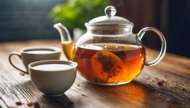 Bir fincan çay ve masada çaydanlık..