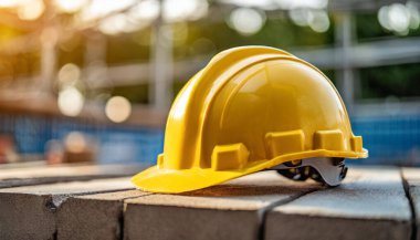 İnşaat alanında tuğla kaplamalı sarı kask