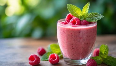 Masada bir bardak taze çilekli smoothie.