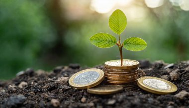 Yeşil bitki, iş büyümesi ve para konsepti üzerinde büyüyen ağaç ile madeni para