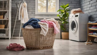 Çamaşırhanedeki raflardaki sepetteki giysiler