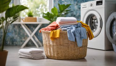 Odada temiz çamaşır ve çamaşır sepeti var.