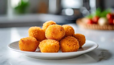 Domates, fesleğen ve otlu peynirli kızarmış mozzarella peyniri topları. Geleneksel İtalyan yemekleri.