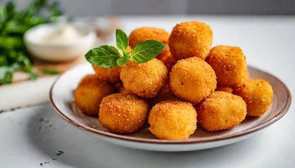 Tabağında peynir olan kızarmış tavuk nugget.