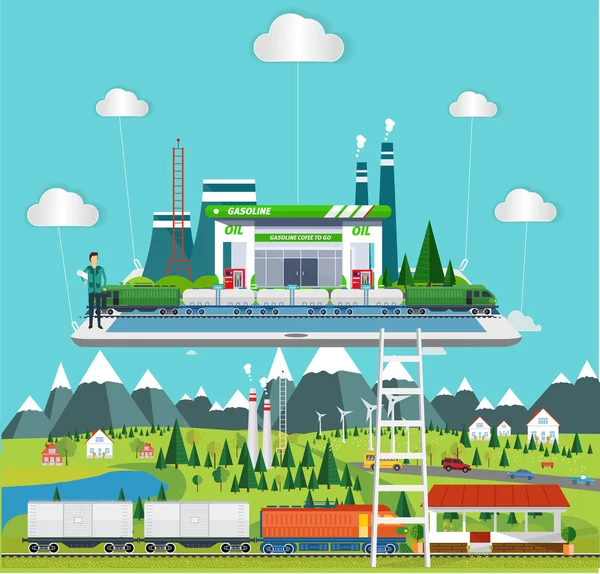 Concept plat communication industrielle avec la gare, avec ec — Image vectorielle