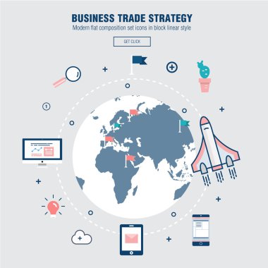 Bilgi ve mobil teknolojiler grafik simgeleri ve bilgisayar endüstrisi ile modern blok hattı düz iş ticaret stratejisi
