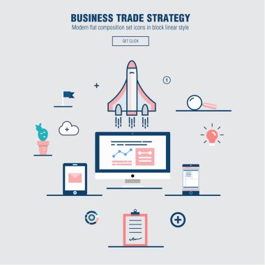 Bilgi ve mobil teknolojiler grafik simgeleri ve bilgisayar endüstrisi ile modern blok hattı düz iş ticaret stratejisi