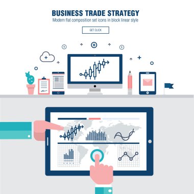 Bilgi ve mobil teknolojiler grafik simgeleri ve bilgisayar endüstrisi ile modern blok hattı düz iş ticaret stratejisi