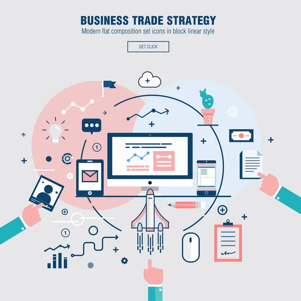 Bilgi ve mobil teknolojiler grafik simgeleri ve bilgisayar endüstrisi ile modern blok hattı düz iş ticaret stratejisi — Stok Vektör