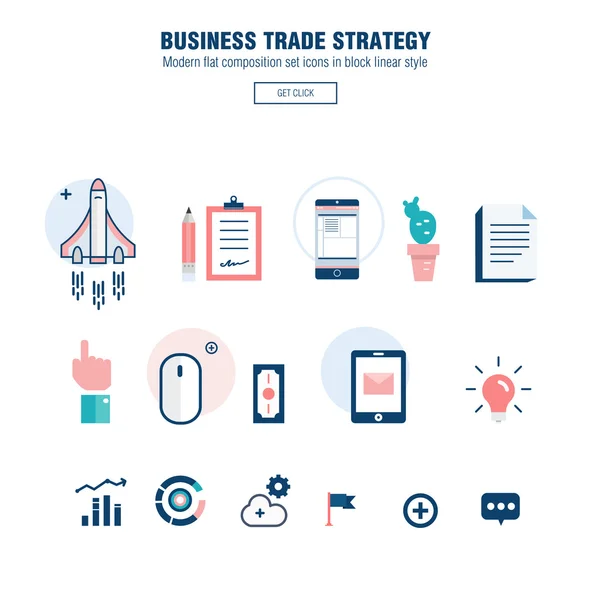 Moderna strategia di business flat line con icone grafiche e computer per l'industria delle informazioni e delle tecnologie mobili — Vettoriale Stock