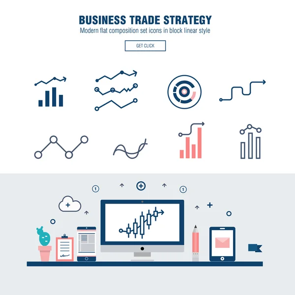Linha de bloco moderno estratégia de comércio de negócios plana com informações e tecnologias móveis ícones gráficos e indústria de computadores — Vetor de Stock