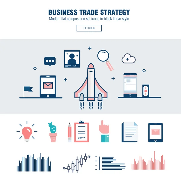 Linha de bloco moderno estratégia de comércio de negócios plana com informações e tecnologias móveis ícones gráficos e indústria de computadores — Vetor de Stock
