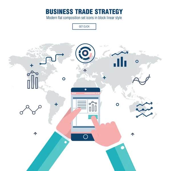 Modern block line flat business trade strategy with information and mobile technologies graph icons and computers industry — Stock Vector