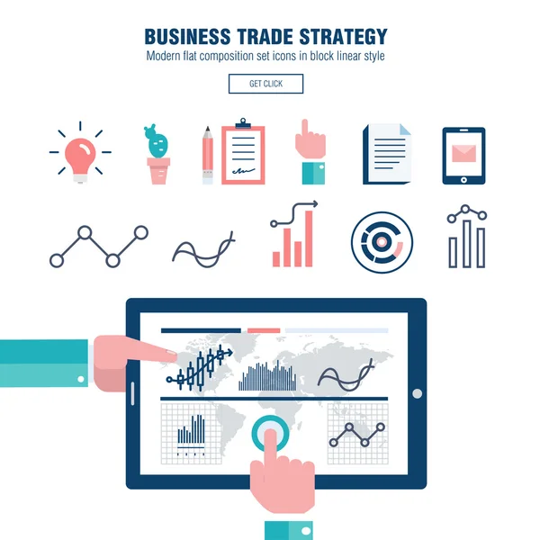 Modern block line Flat Business Trade strategi med information och mobil teknik diagram ikoner och datorer industrin — Stock vektor