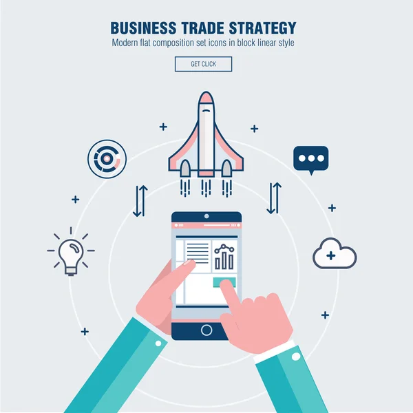 Linha de bloco moderno estratégia de comércio de negócios plana com informações e tecnologias móveis ícones gráficos e indústria de computadores —  Vetores de Stock