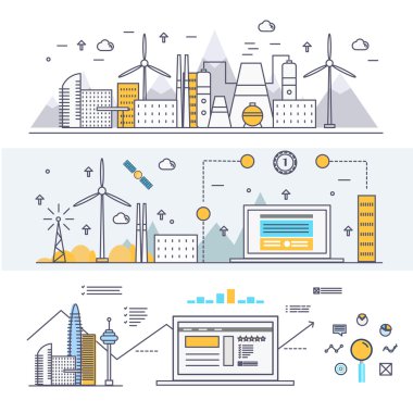 Modern industry thin block line flat icons and composition 
