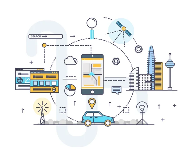 Industria moderna línea de bloques delgados iconos planos y composición — Vector de stock