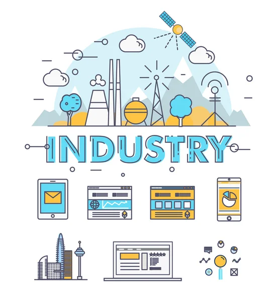 Modern industry thin block line flat icons and composition — Stock Vector