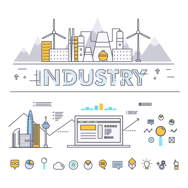 Modern industry thin block line flat icons and composition — Stock vektor