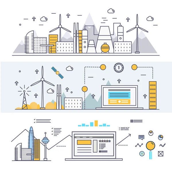 Industria moderna línea de bloques delgados iconos planos y composición — Archivo Imágenes Vectoriales