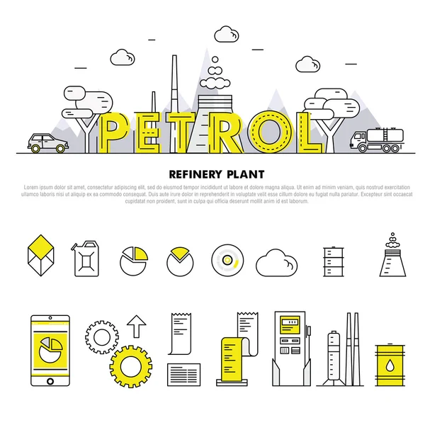 Modern petrol industry thin block line flat icons and compositio — Stock vektor