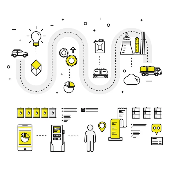 Industria moderna de la gasolina línea de bloques delgados iconos planos y compositio — Vector de stock