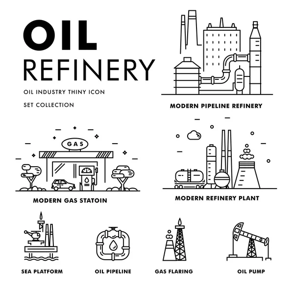 Iconos planos de línea de bloque delgado de la industria moderna de la gasolina — Archivo Imágenes Vectoriales