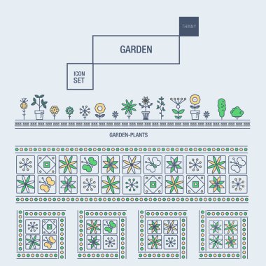 Modern thin line garden isolated flower icon set 
