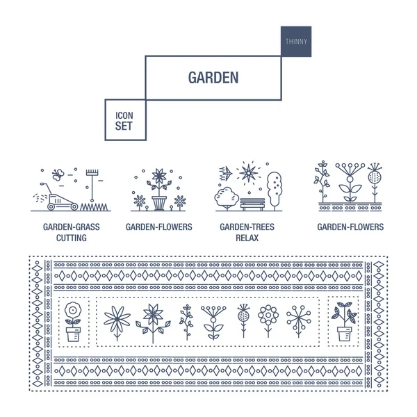 Современные тонкие линии сад изолированный цветок иконка набор — стоковый вектор