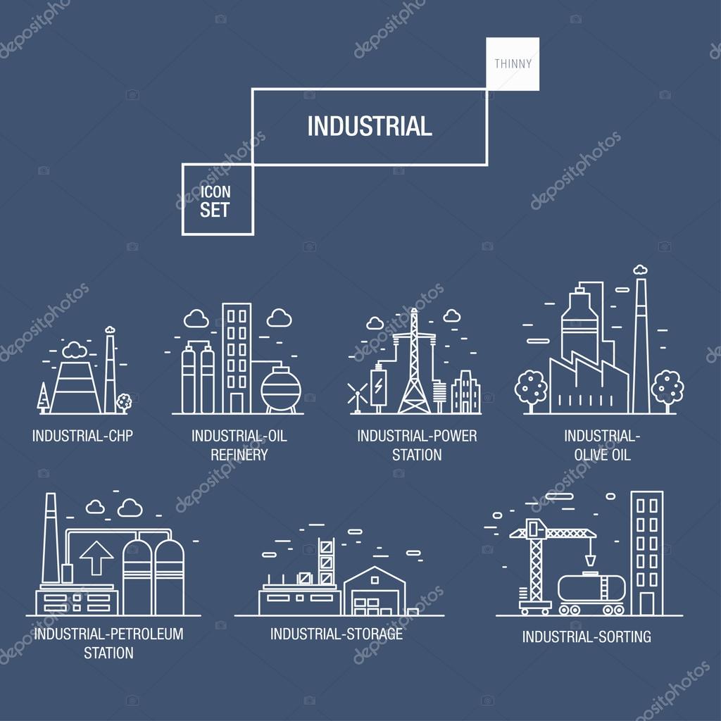 Big industrial icon set with design elements gas, olive, clean, tower, hydro, train, airport, sorting, gravel in realistic thin linear style