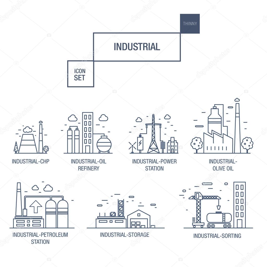 Big industrial icon set with design elements gas, olive, clean, tower, hydro, train, airport, sorting, gravel in realistic thin linear style