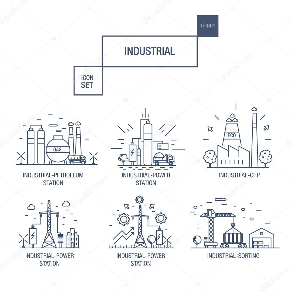 Big industrial icon set with design elements gas, olive, clean, tower, hydro, train, airport, sorting, gravel in realistic thin linear style