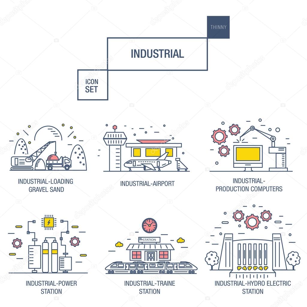 Big industrial icon set with design elements gas, olive, clean, tower, hydro, train, airport, sorting, gravel in realistic thin linear style