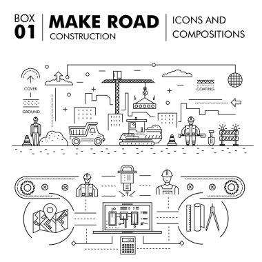 Modern compositions building road construction thin line block 