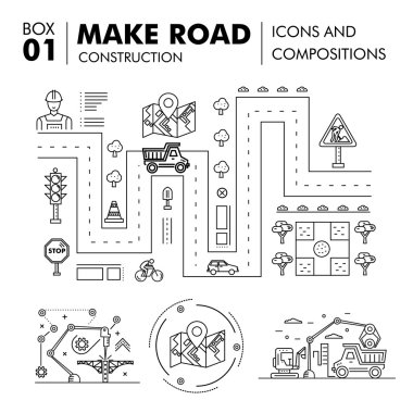 Modern compositions building road construction thin line block 