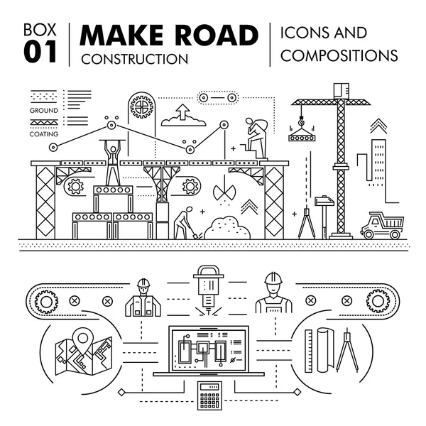 Modern compositions building road construction thin line block — Stock vektor